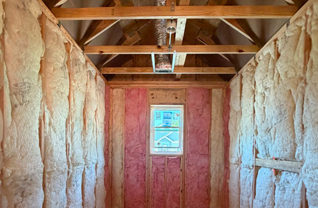 Fiberglass batt wall insulation installed in a new construction home at Kingston Park in Kingston, GA for Smith Douglas Homes.